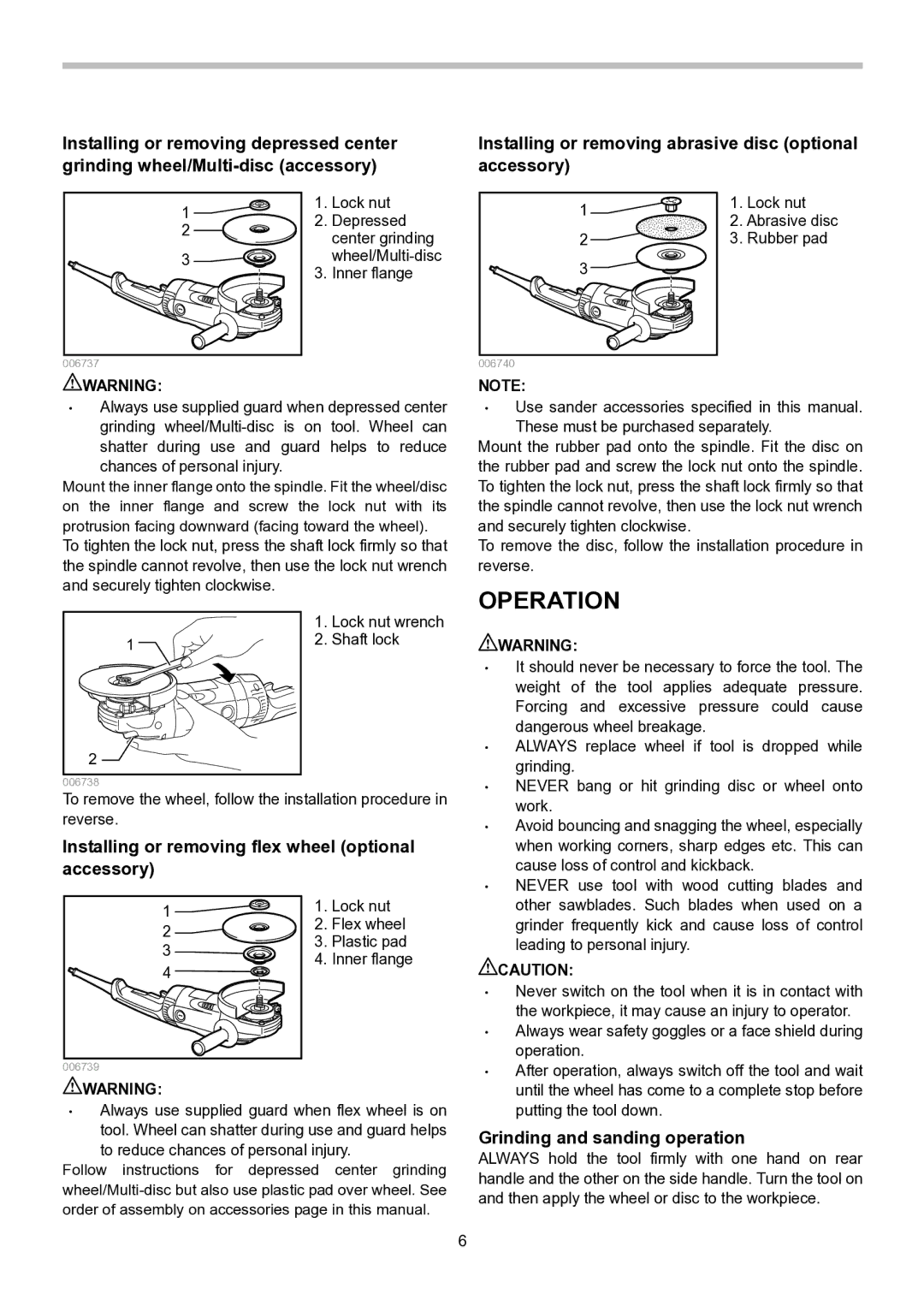 Makita GA7020, GA7021 Operation, Installing or removing abrasive disc optional accessory, Grinding and sanding operation 