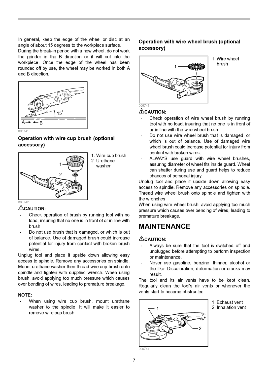 Makita GA7021, GA7020, GA9020 instruction manual Maintenance, Operation with wire cup brush optional accessory 