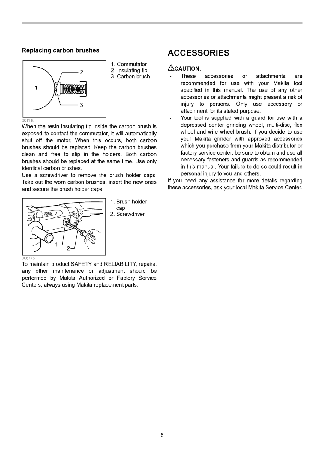 Makita GA9020, GA7020, GA7021 instruction manual Accessories, Replacing carbon brushes 