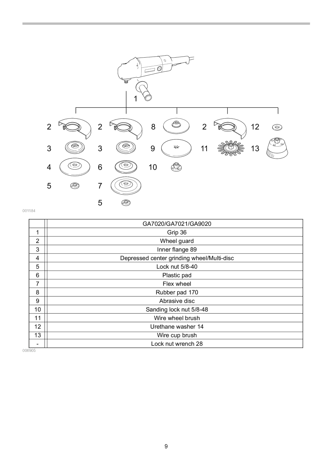 Makita GA7020, GA7021 Grip, Lock nut 5/8-40, Abrasive disc, Sanding lock nut 5/8-48, Wire wheel brush, Urethane washer 