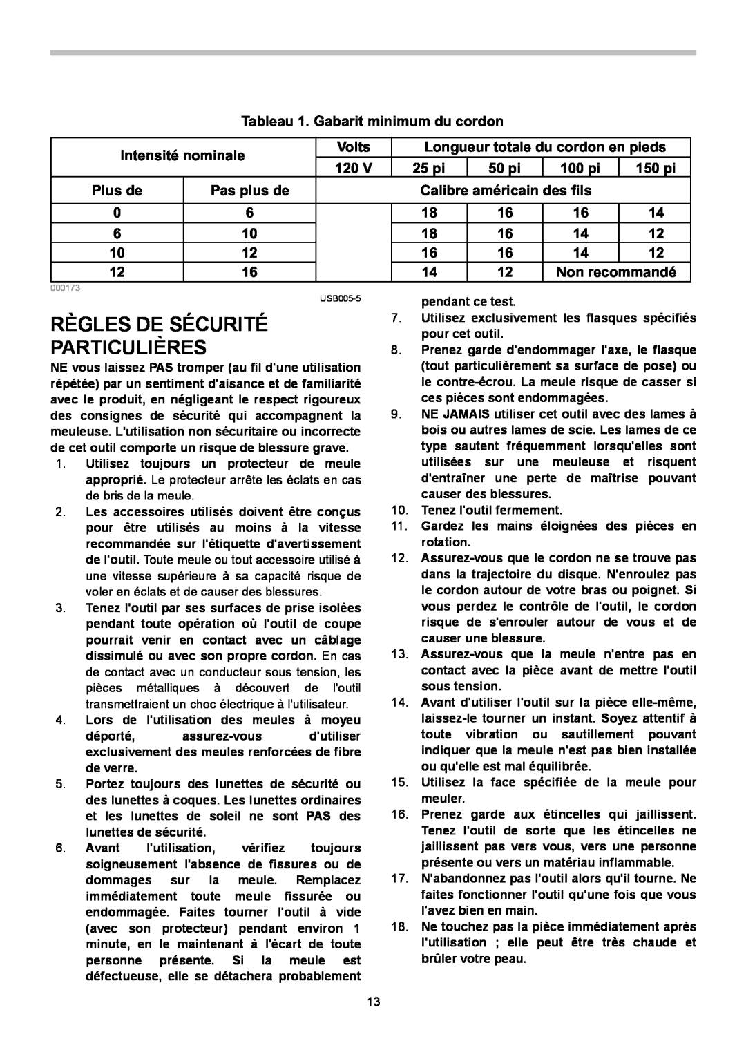 Makita GA7021 Règles De Sécurité Particulières, Tableau 1. Gabarit minimum du cordon, Intensité nominale, Volts, 25 pi 