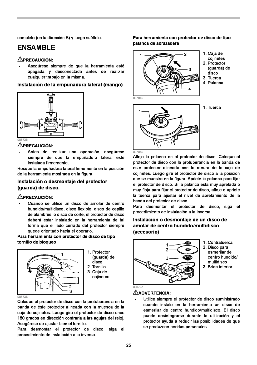 Makita GA7021, GA7020, GA9020 instruction manual Ensamble, Instalación de la empuñadura lateral mango 