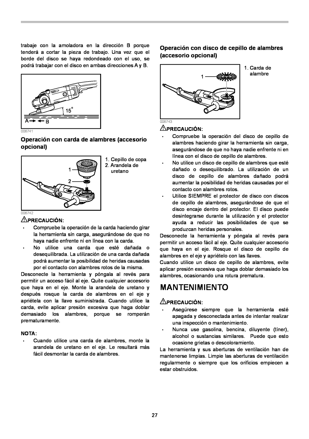 Makita GA7020, GA7021, GA9020 instruction manual Mantenimiento, Operación con carda de alambres accesorio opcional 