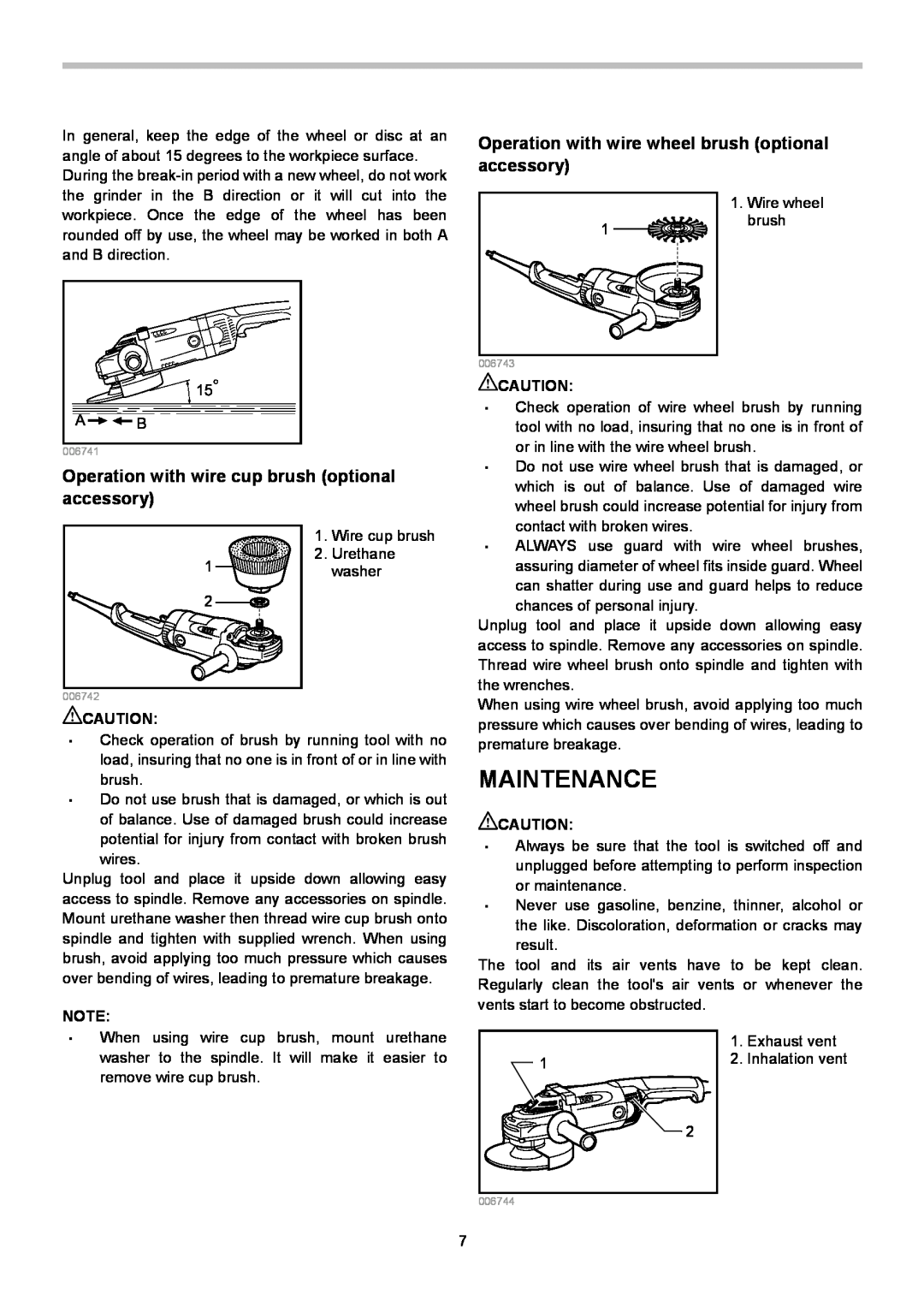 Makita GA7021, GA7020, GA9020 instruction manual Maintenance, Operation with wire cup brush optional accessory 