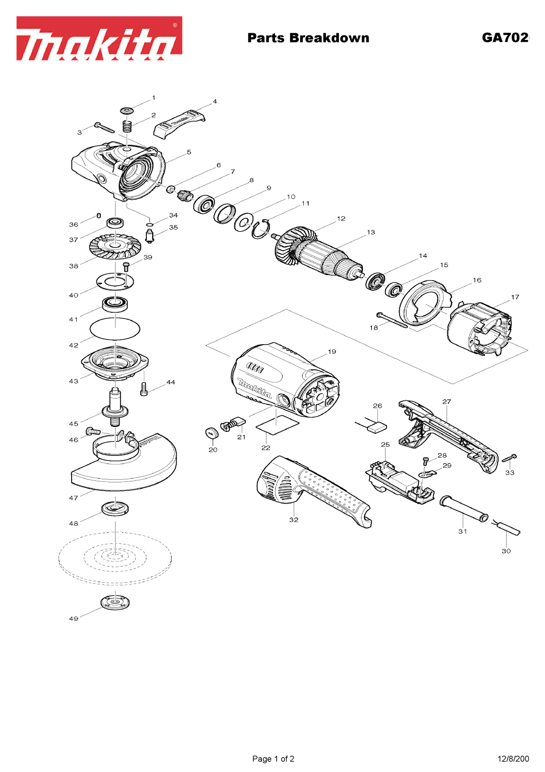 Makita GA7020 manual Parts Breakdown 