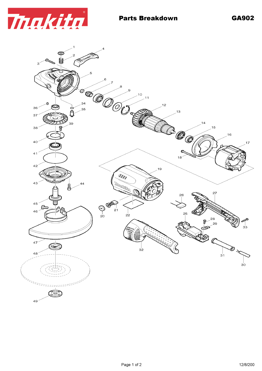 Makita GA902 manual Parts Breakdown 