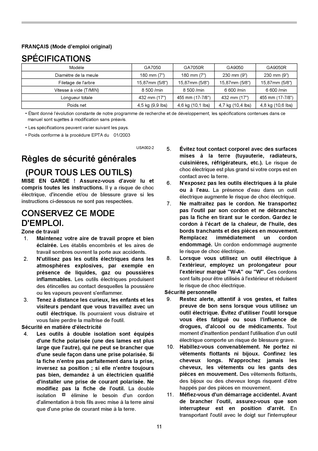 Makita GA7050, GA9050 Spécifications, Règles de sécurité générales, Pour Tous LES Outils, Conservez CE Mode Demploi 