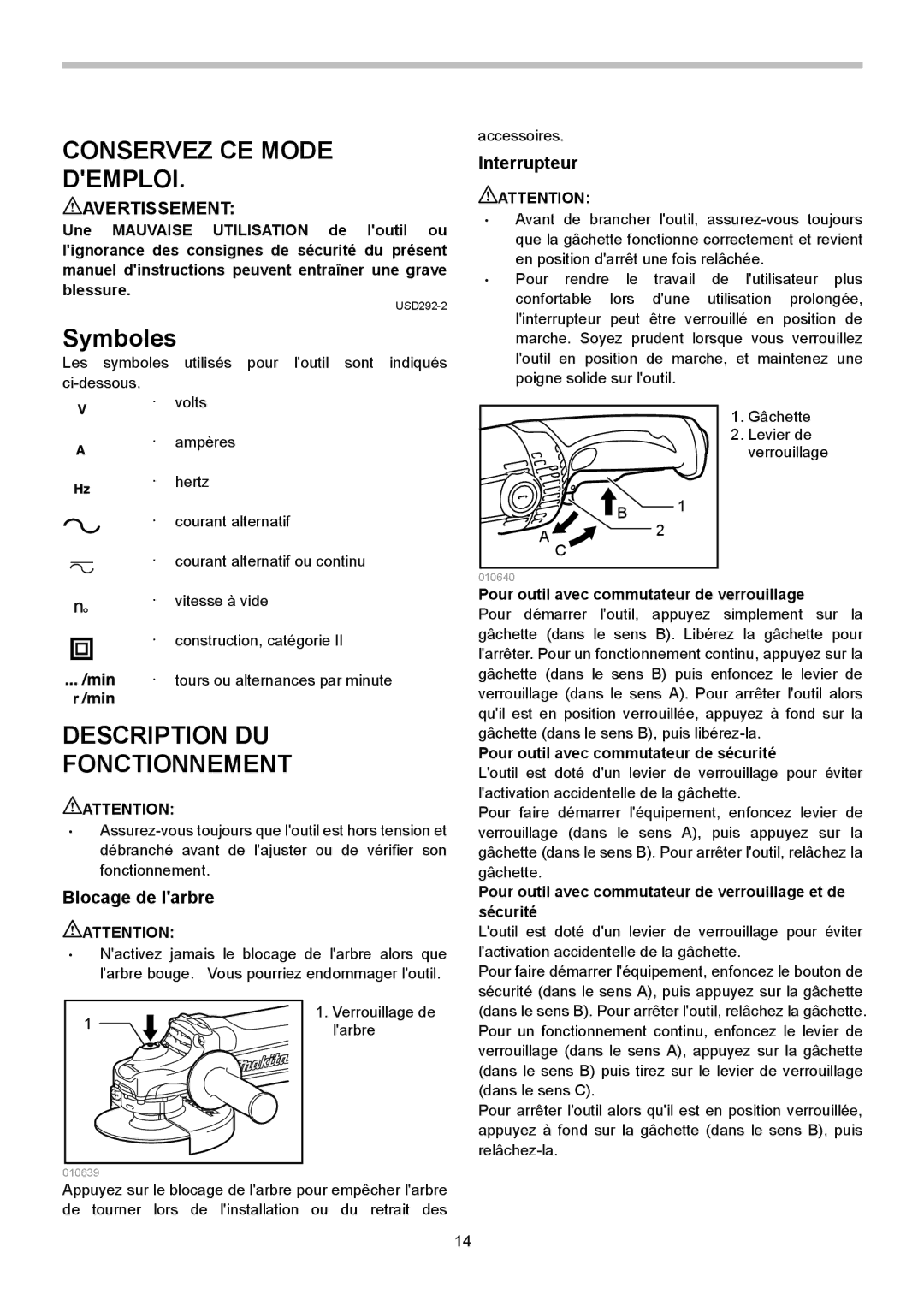 Makita GA7050R, GA9050R instruction manual Symboles, Description DU Fonctionnement, Blocage de larbre, Interrupteur 