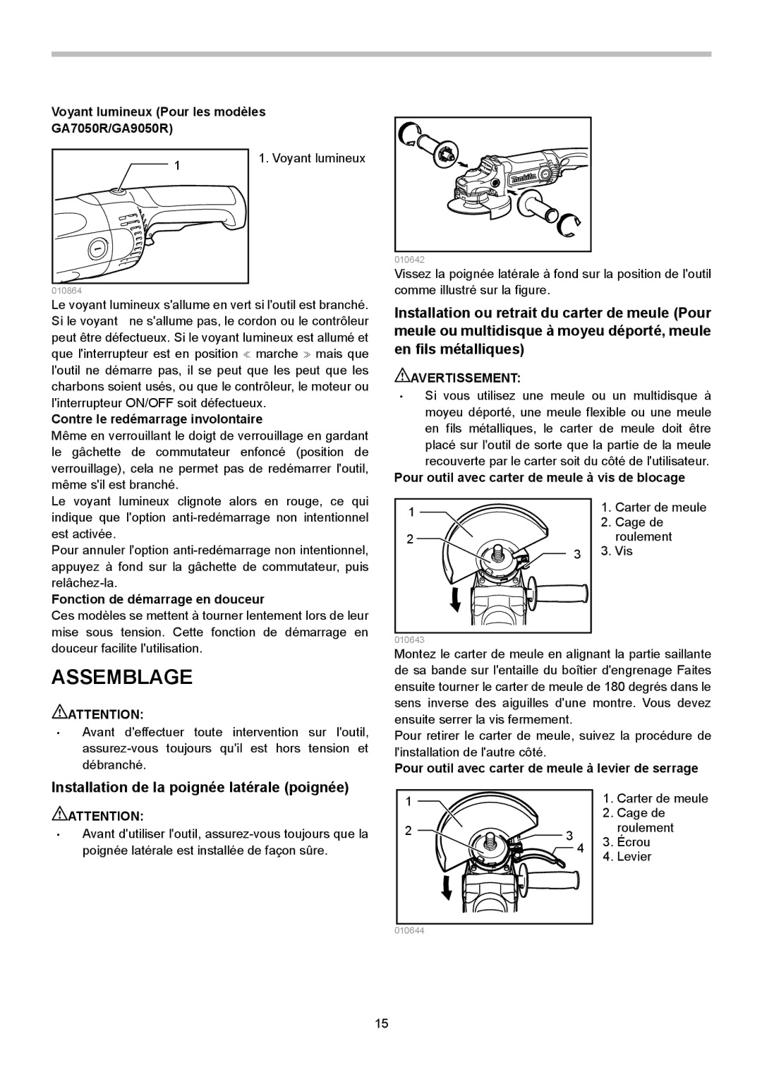 Makita GA9050R, GA7050R instruction manual Assemblage, Installation de la poignée latérale poignée 