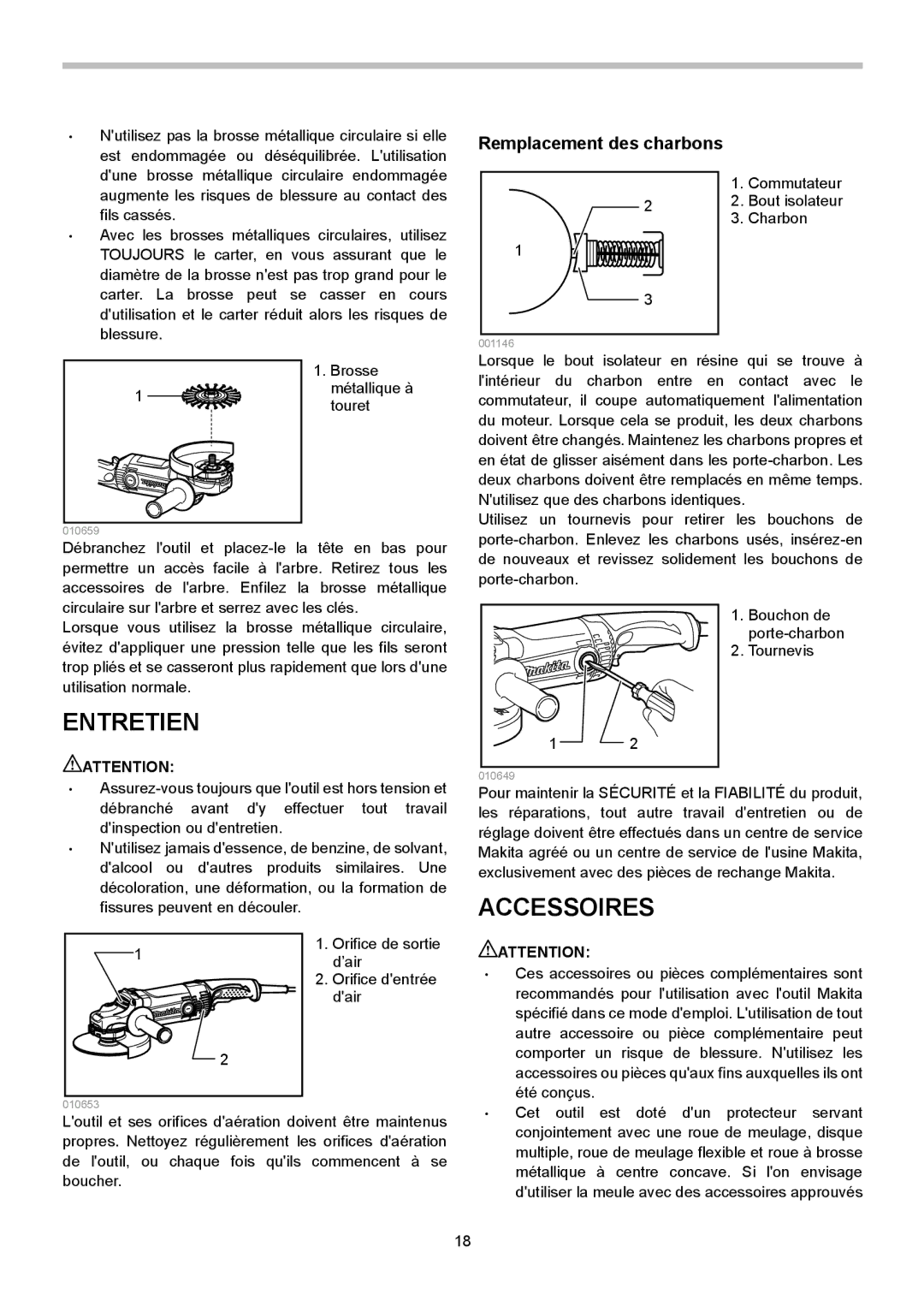 Makita GA7050R, GA9050R instruction manual Entretien, Accessoires, Remplacement des charbons 