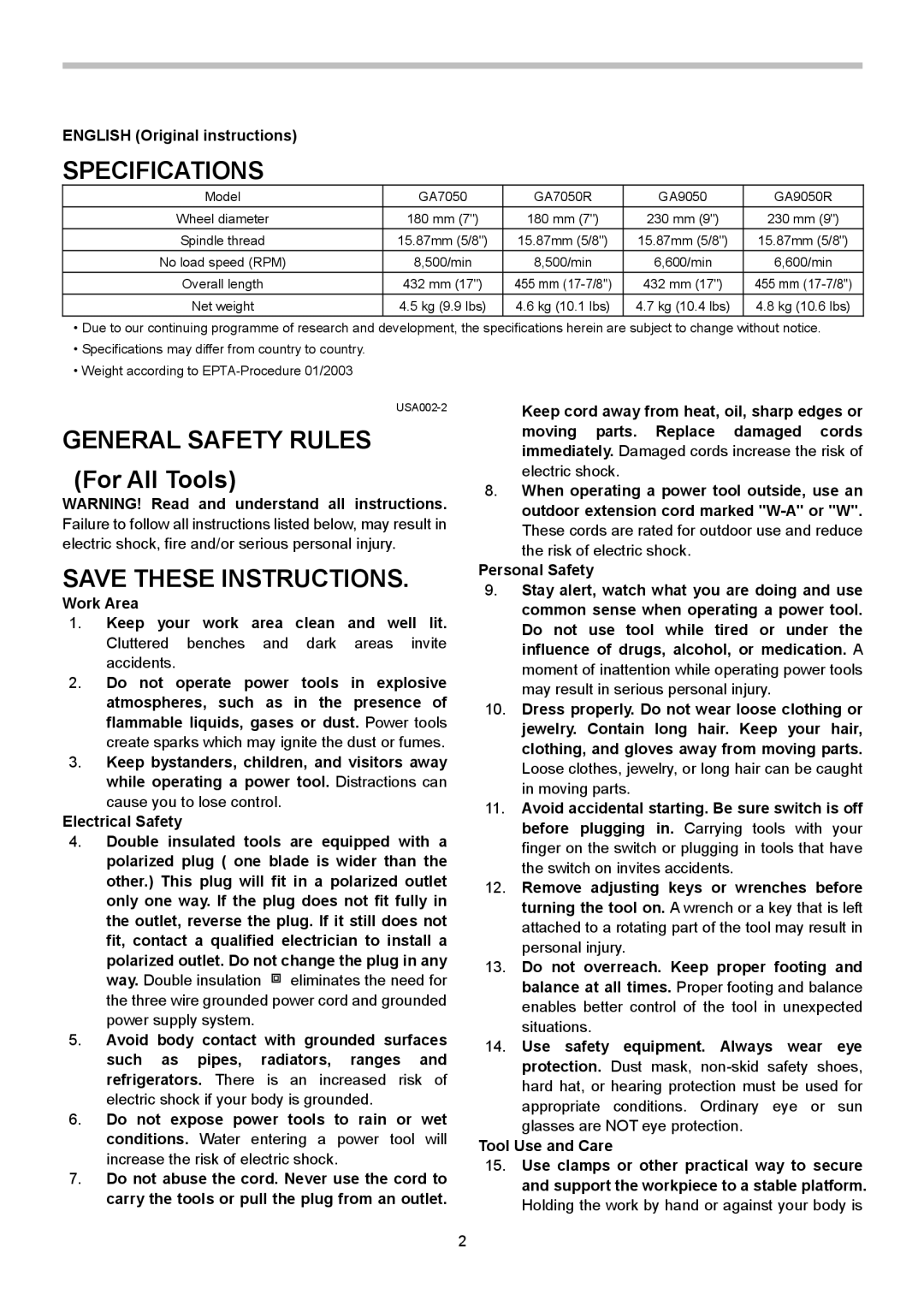 Makita GA7050R, GA9050R Specifications, General Safety Rules For All Tools, English Original instructions 