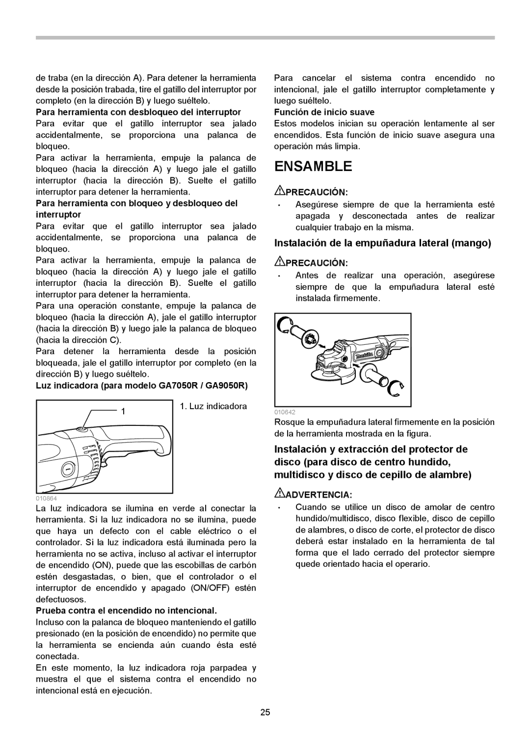 Makita GA9050R, GA7050R instruction manual Ensamble, Instalación de la empuñadura lateral mango 