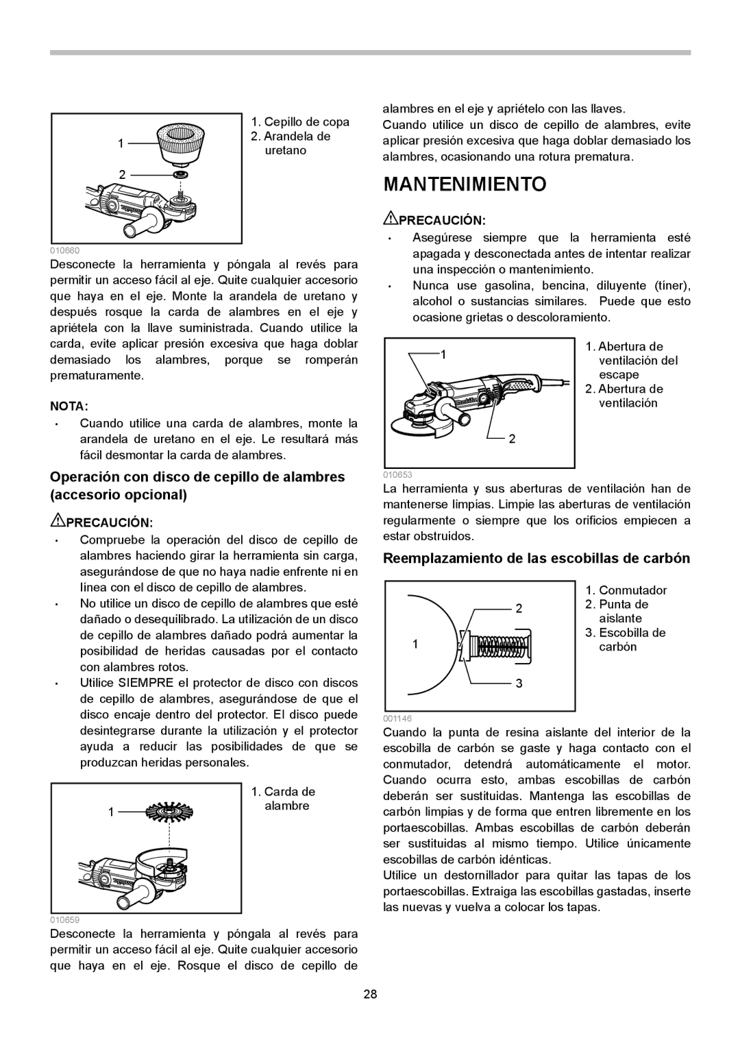 Makita GA9050R, GA7050R instruction manual Mantenimiento, Operación con disco de cepillo de alambres, Accesorio opcional 