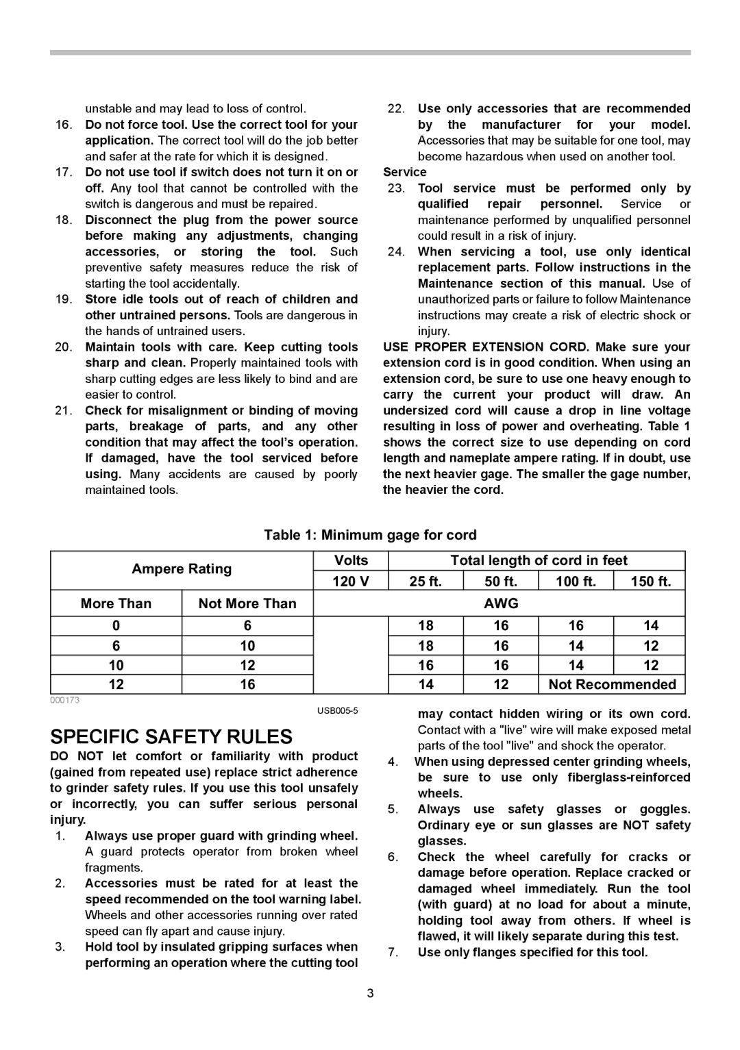 Makita GA9050R, GA7050R instruction manual Specific Safety Rules, Minimum gage for cord Ampere Rating Volts 