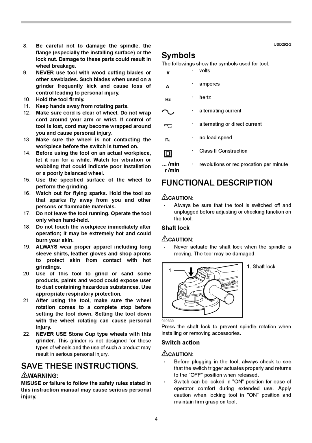 Makita GA9050R, GA7050R instruction manual Symbols, Functional Description, Shaft lock, Switch action 