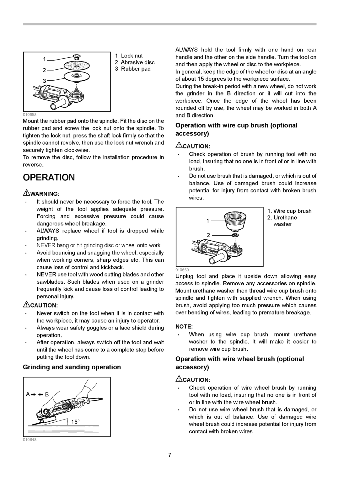 Makita GA9050R, GA7050R Grinding and sanding operation, Operation with wire cup brush optional accessory 