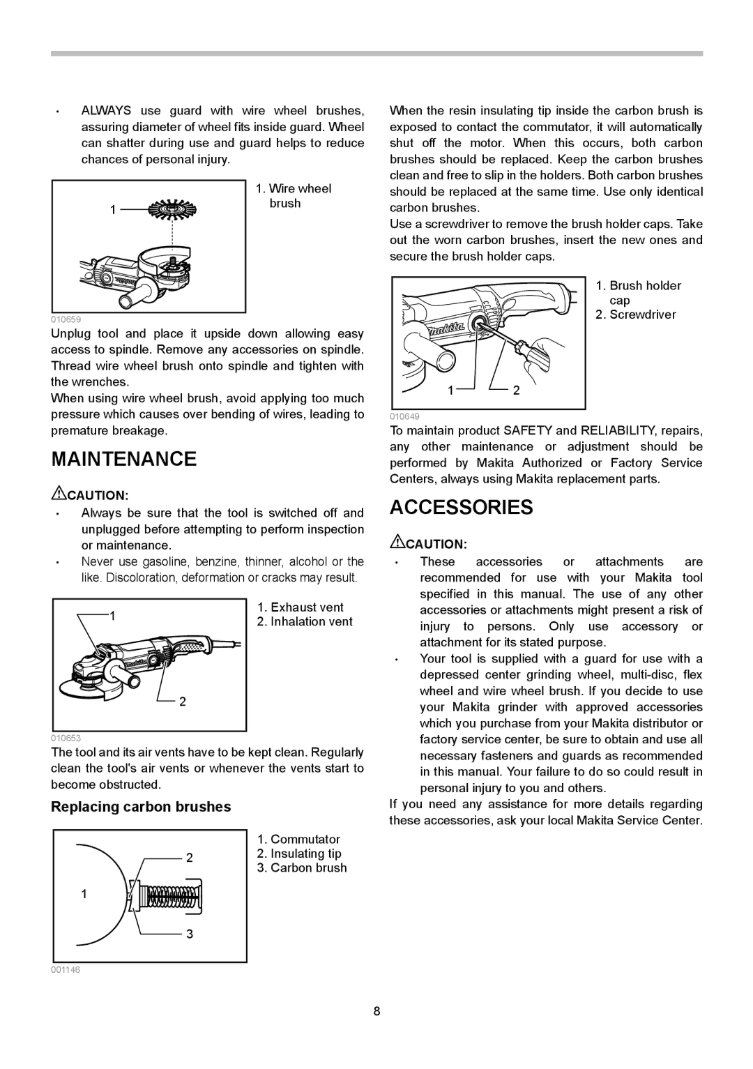 Makita GA9050R, GA7050R instruction manual Maintenance, Accessories, Replacing carbon brushes 