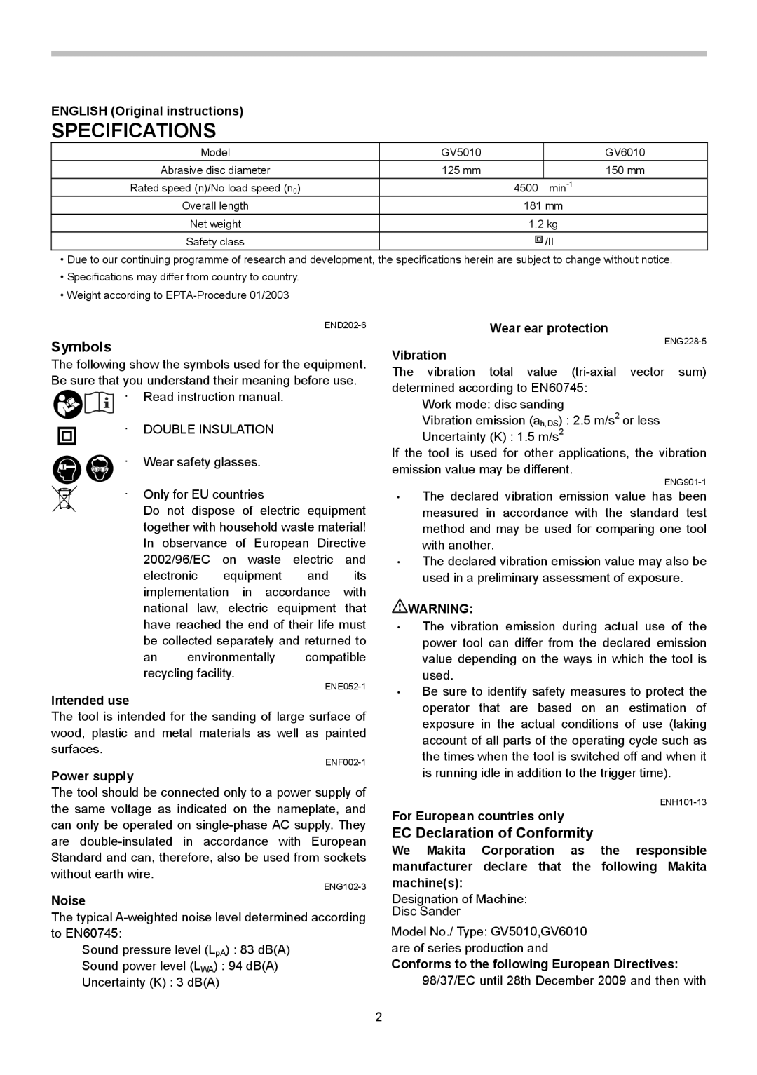 Makita GV5010, GV6010 instruction manual Specifications, Symbols, EC Declaration of Conformity 