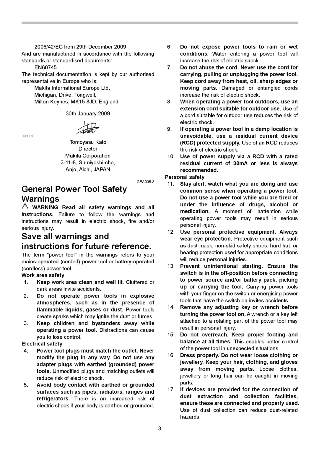 Makita GV6010, GV5010 instruction manual General Power Tool Safety Warnings 