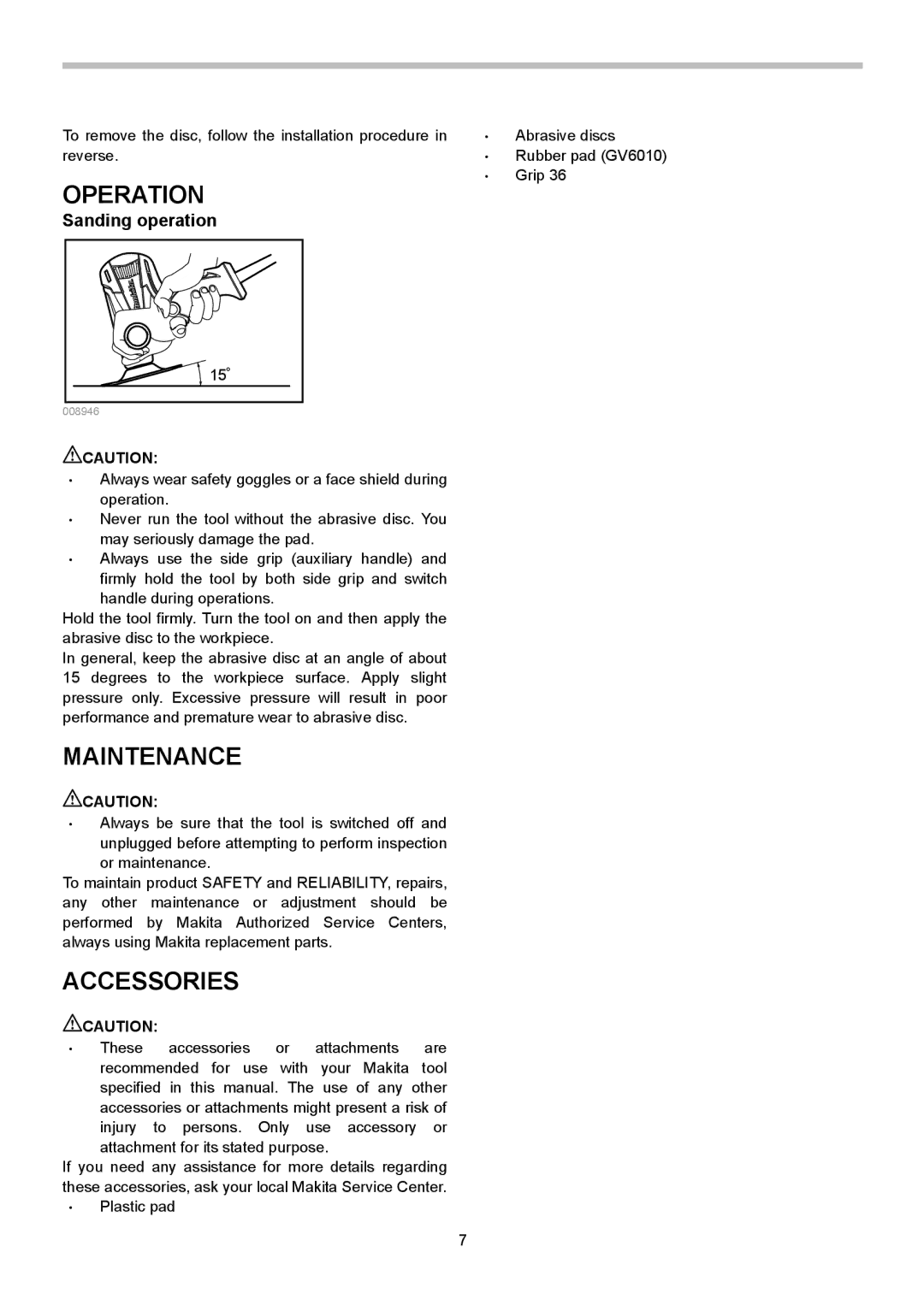 Makita GV6010, GV5010 instruction manual Operation, Maintenance, Accessories, Sanding operation 