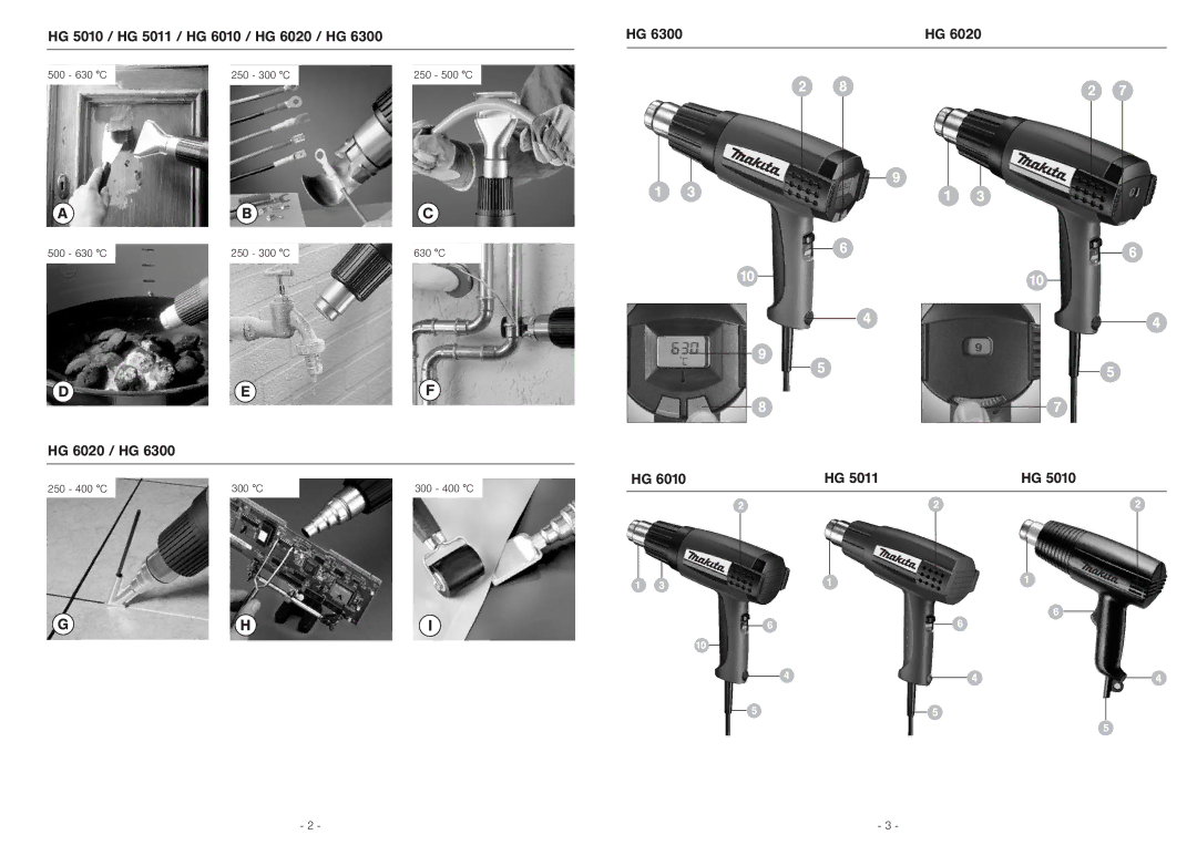 Makita HG 5010 HG 5011 HG 6010 HG 6020 HG 6300 HG 5010 / HG 5011 / HG 6010 / HG 6020 / HG, 500 630 C 250 300 C, 250 500 C 