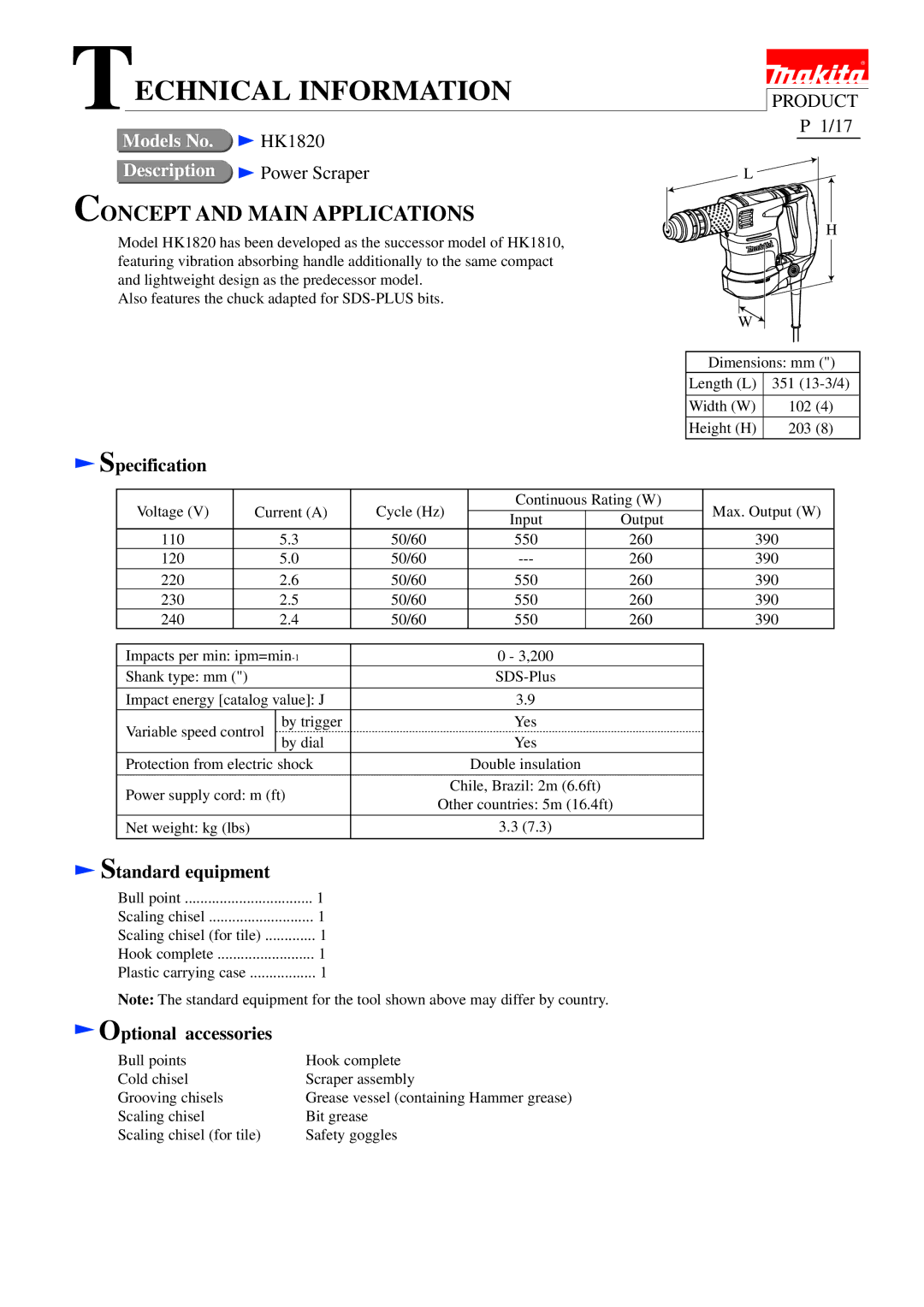 Makita HK1820 dimensions Specification, Standard equipment, Optional accessories 