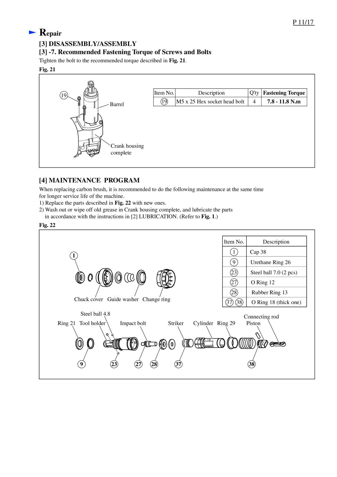 Makita HK1820 dimensions Recommended Fastening Torque of Screws and Bolts, Maintenance Program 