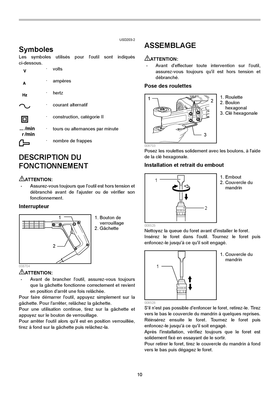 Makita HK1820L Symboles, Description DU Fonctionnement Assemblage, Pose des roulettes, Installation et retrait du embout 