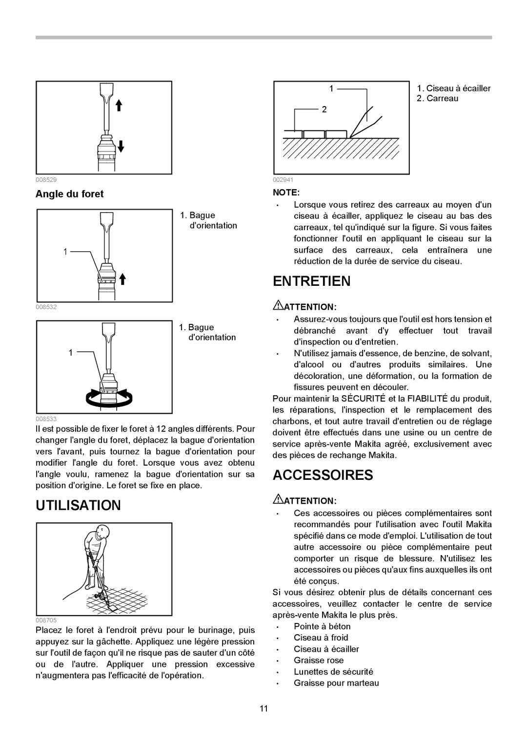 Makita HK1820L instruction manual Entretien, Utilisation, Accessoires, Angle du foret 