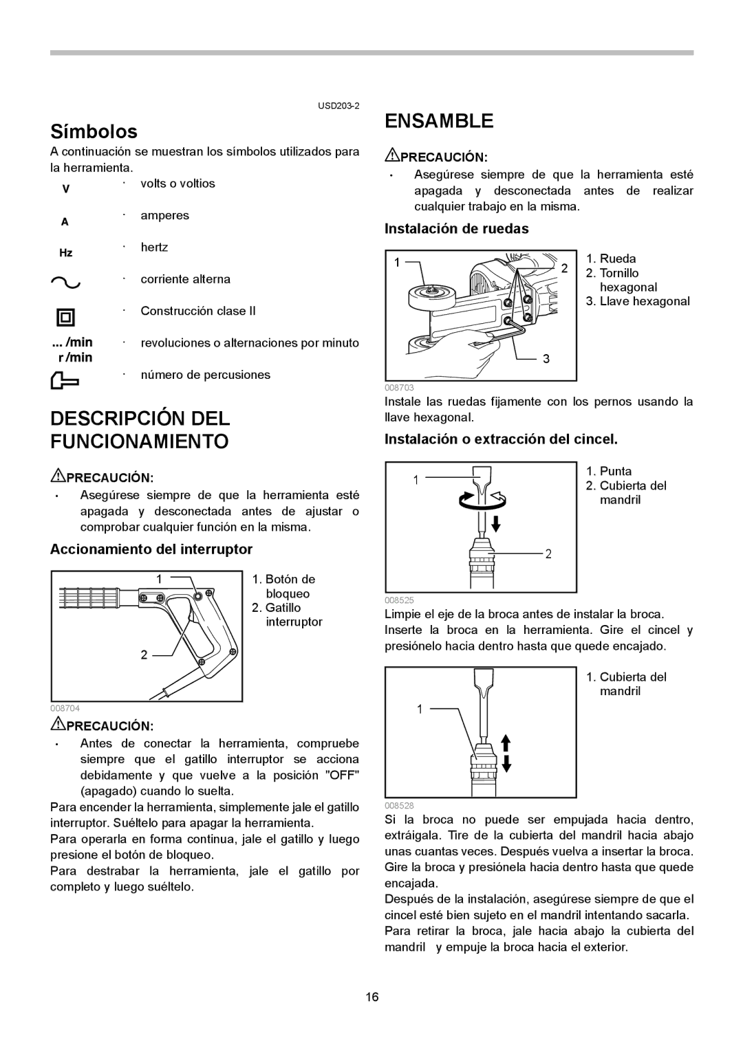 Makita HK1820L Símbolos, Descripción DEL Funcionamiento Ensamble, Instalación de ruedas, Accionamiento del interruptor 