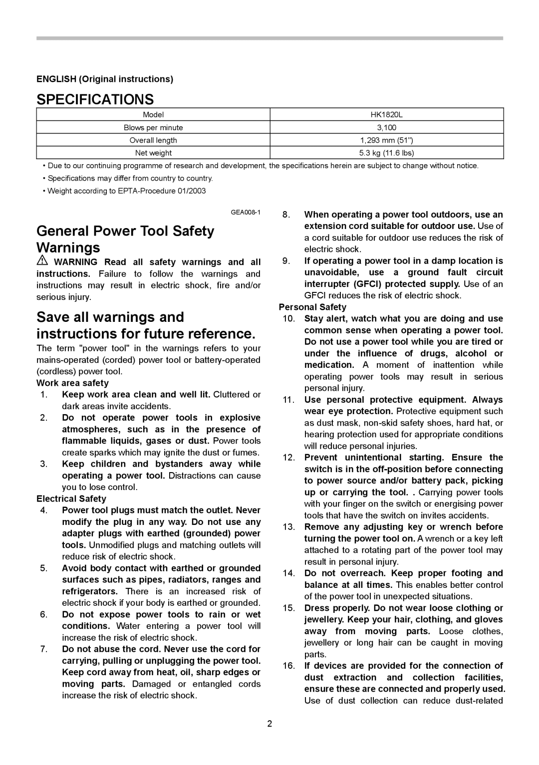 Makita HK1820L instruction manual Specifications, General Power Tool Safety Warnings, English Original instructions 