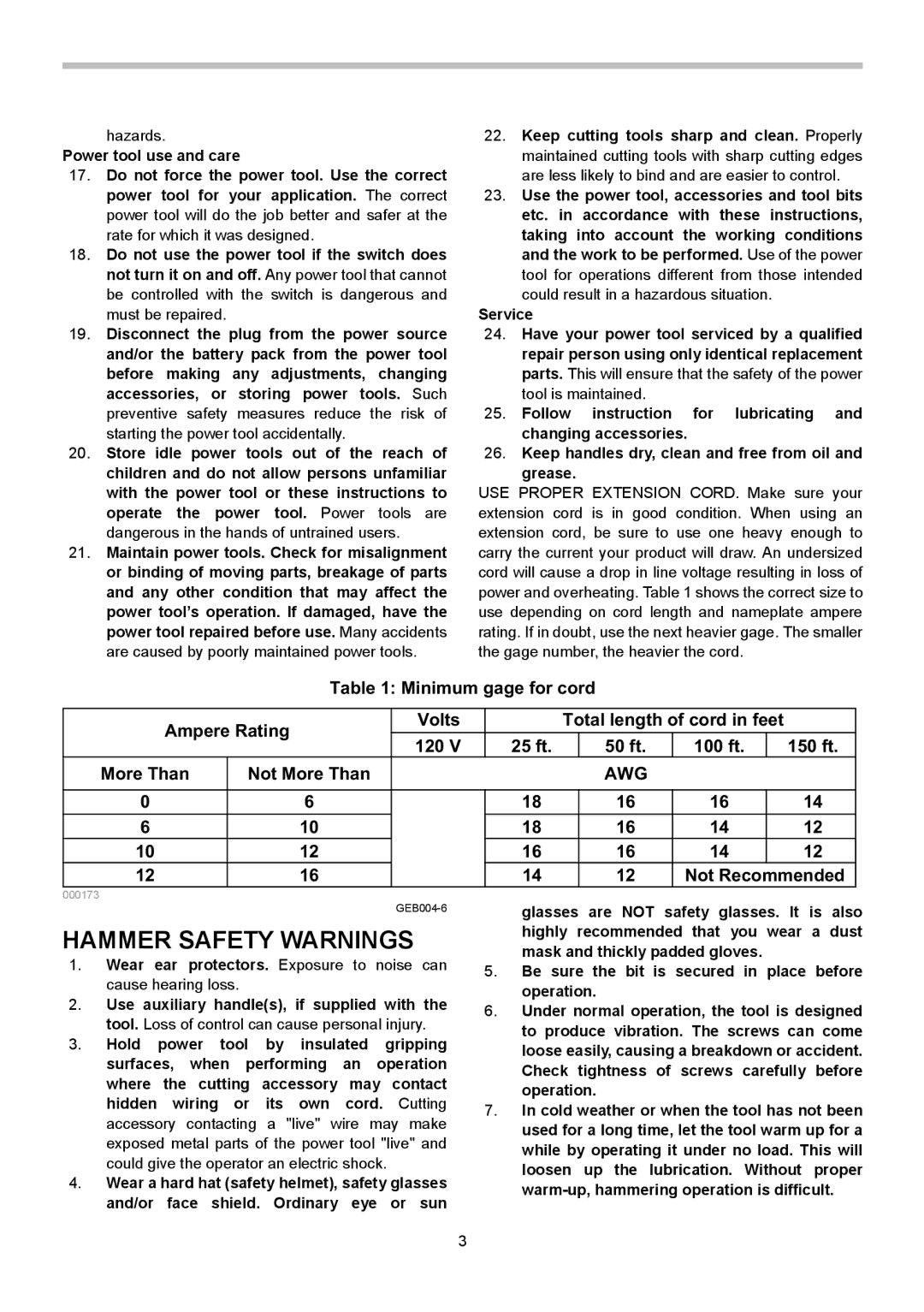 Makita HK1820L instruction manual Hammer Safety Warnings, Minimum gage for cord Ampere Rating Volts, Awg 