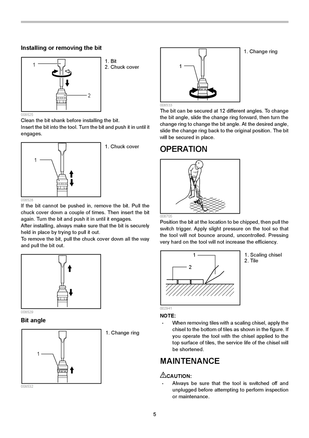 Makita HK1820L instruction manual Operation, Maintenance, Installing or removing the bit, Bit angle 