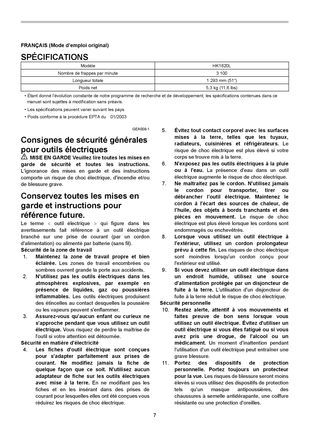 Makita HK1820L instruction manual Spécifications, Français Mode d’emploi original 