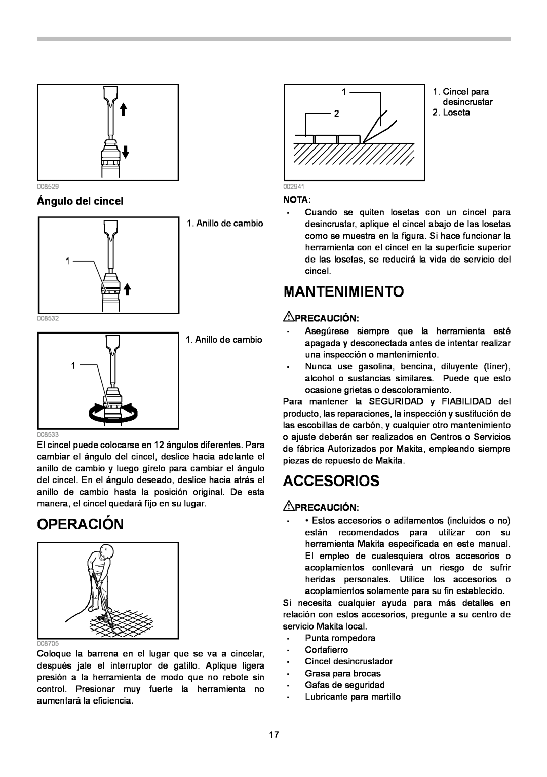 Makita HK1820L instruction manual Mantenimiento, Operación, Accesorios, Ángulo del cincel 