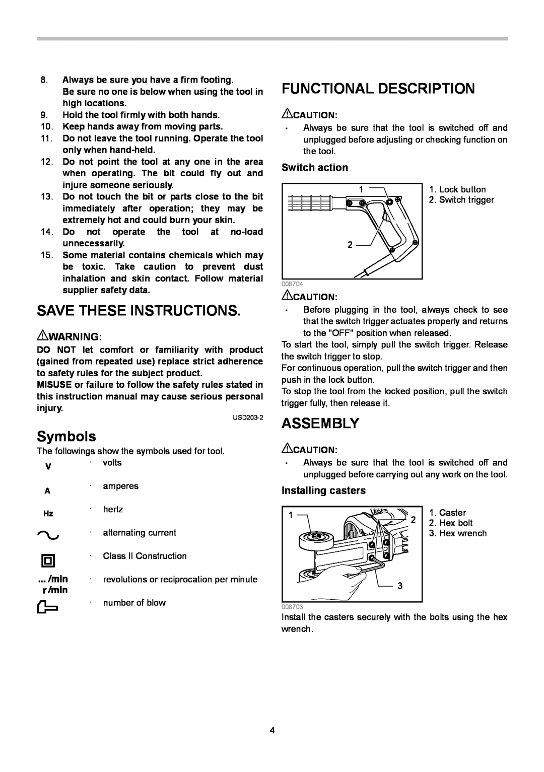 Makita HK1820L Functional Description, Save These Instructions, Symbols, Assembly, Switch action, Installing casters 
