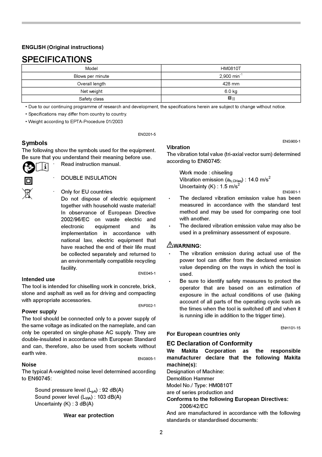 Makita HM0810T 010079 2 instruction manual Specifications, Symbols, EC Declaration of Conformity 