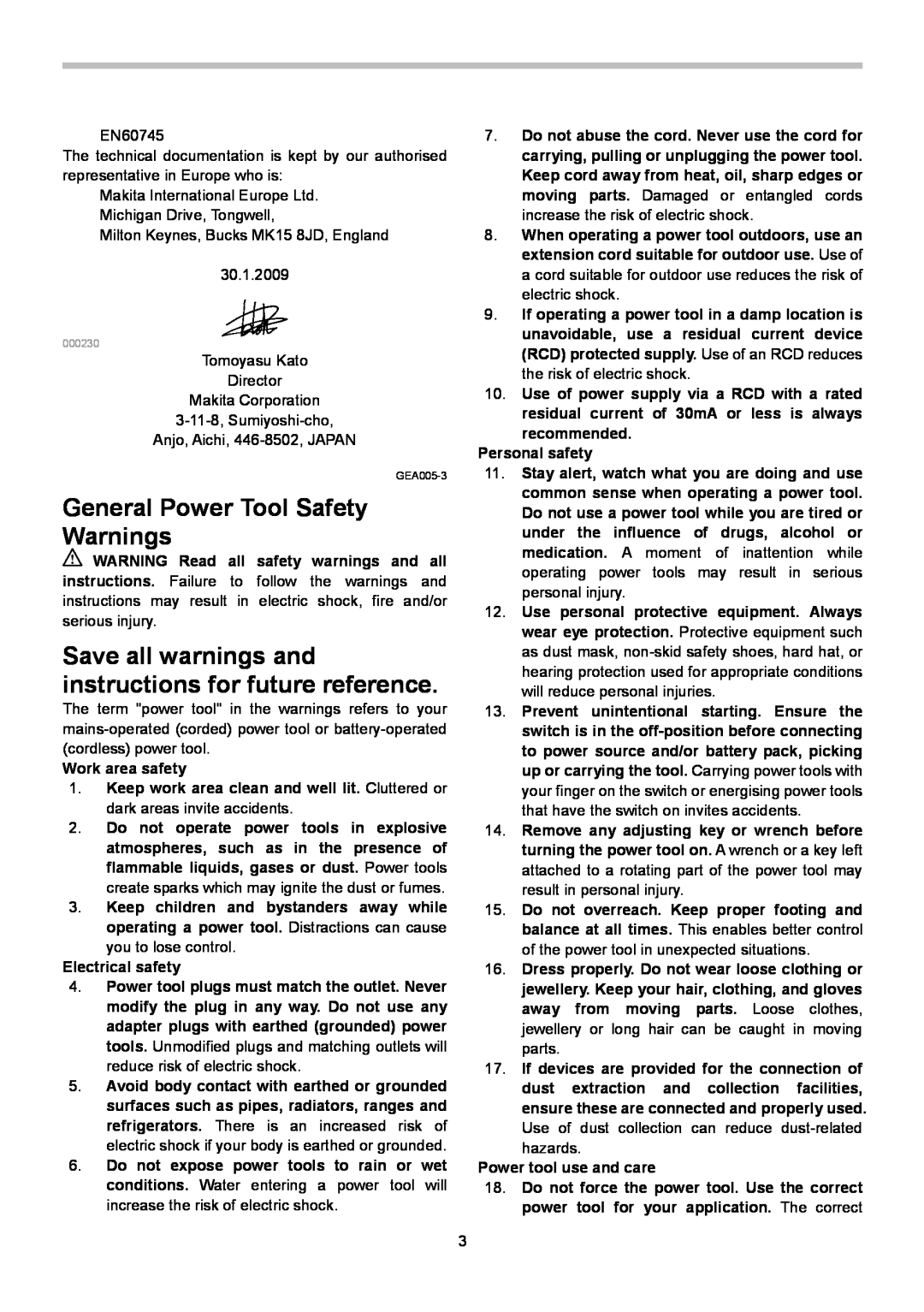 Makita HM0810T 010079 2 General Power Tool Safety Warnings, Save all warnings and instructions for future reference 