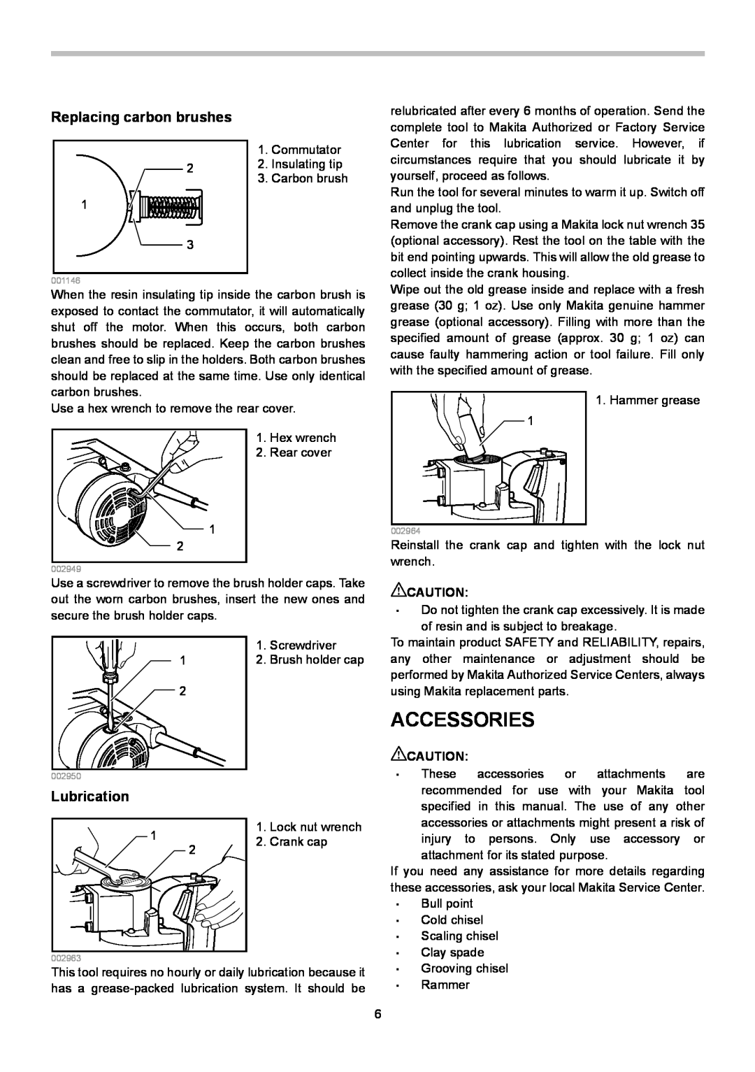 Makita HM0810T 010079 2 instruction manual Accessories, Replacing carbon brushes, Lubrication 