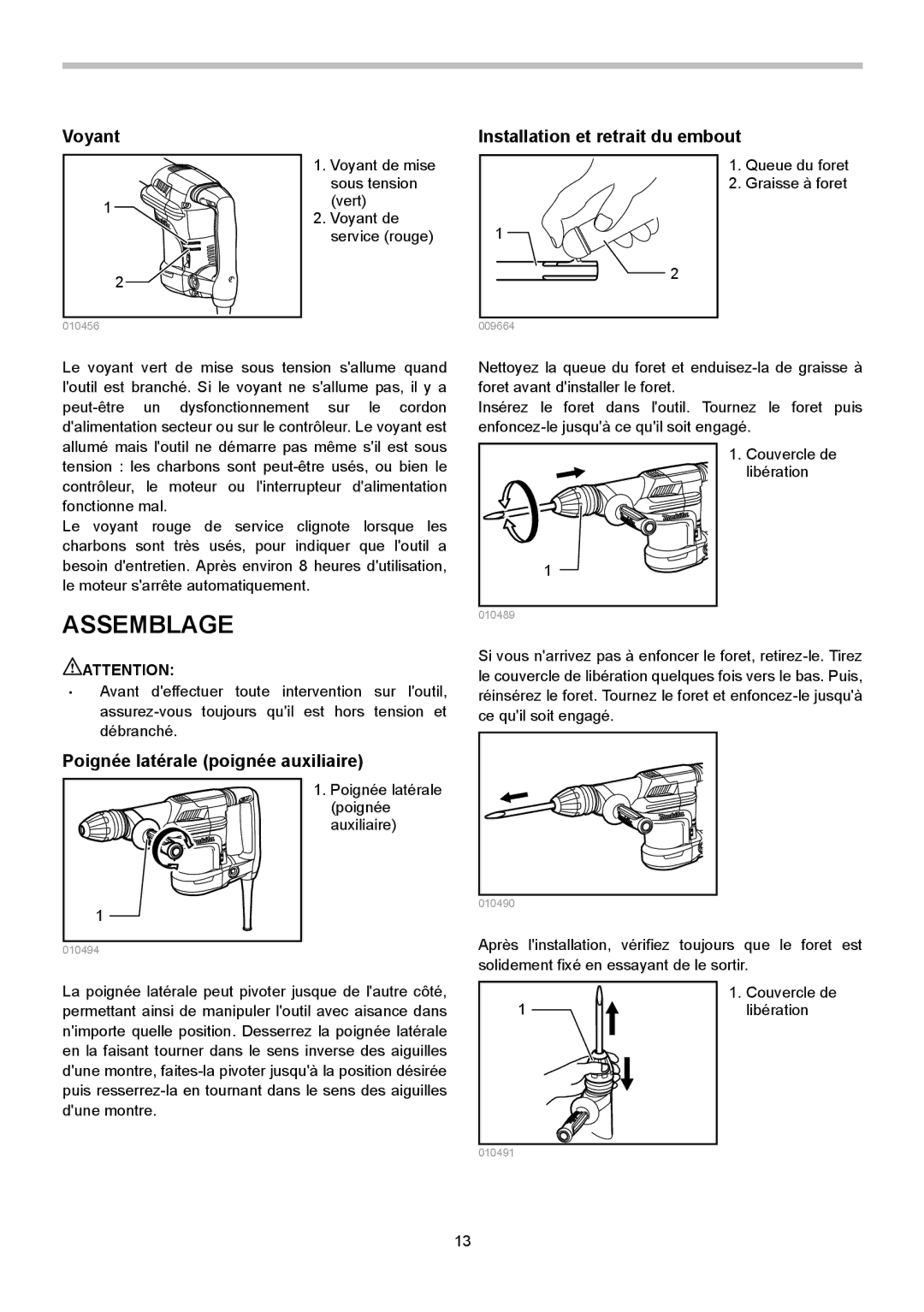 Makita HM0870C, HM0871C Assemblage, Voyant Installation et retrait du embout, Poignée latérale poignée auxiliaire 