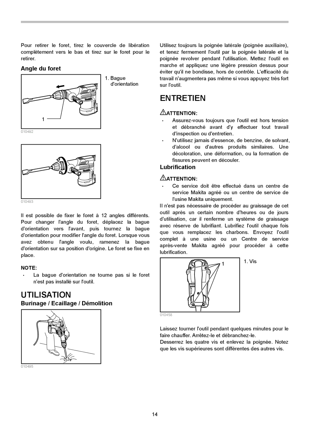 Makita HM0871C, HM0870C Entretien, Utilisation, Angle du foret, Lubrification, Burinage / Ecaillage / Démolition 