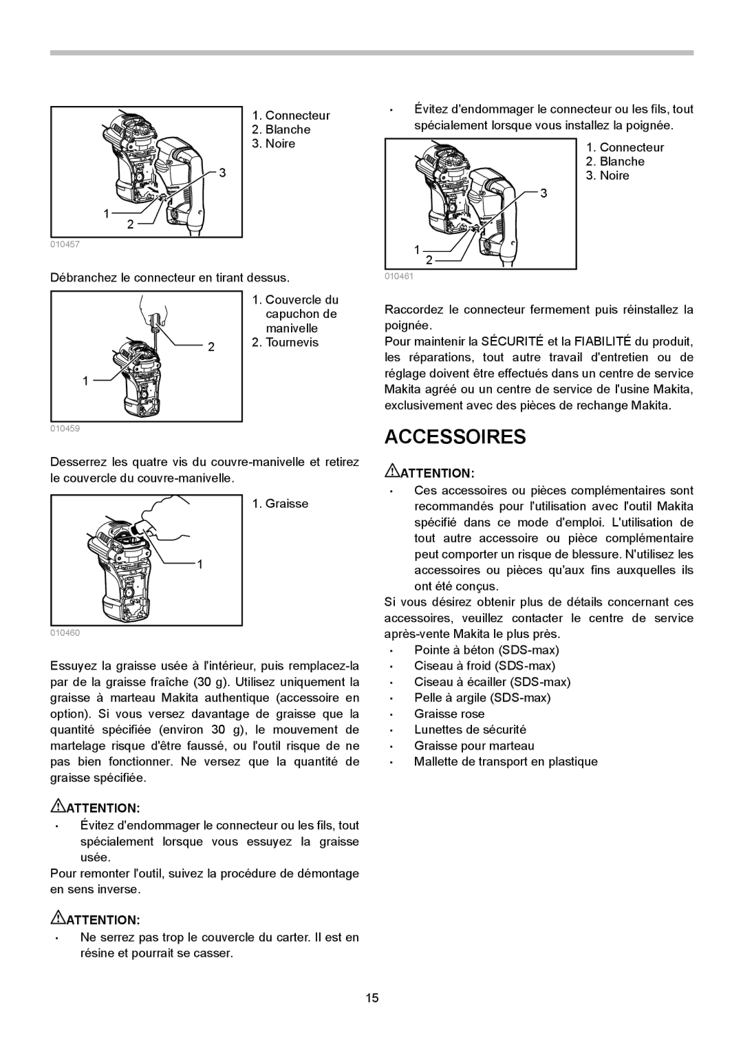 Makita HM0870C, HM0871C instruction manual Accessoires, Connecteur Blanche Noire 