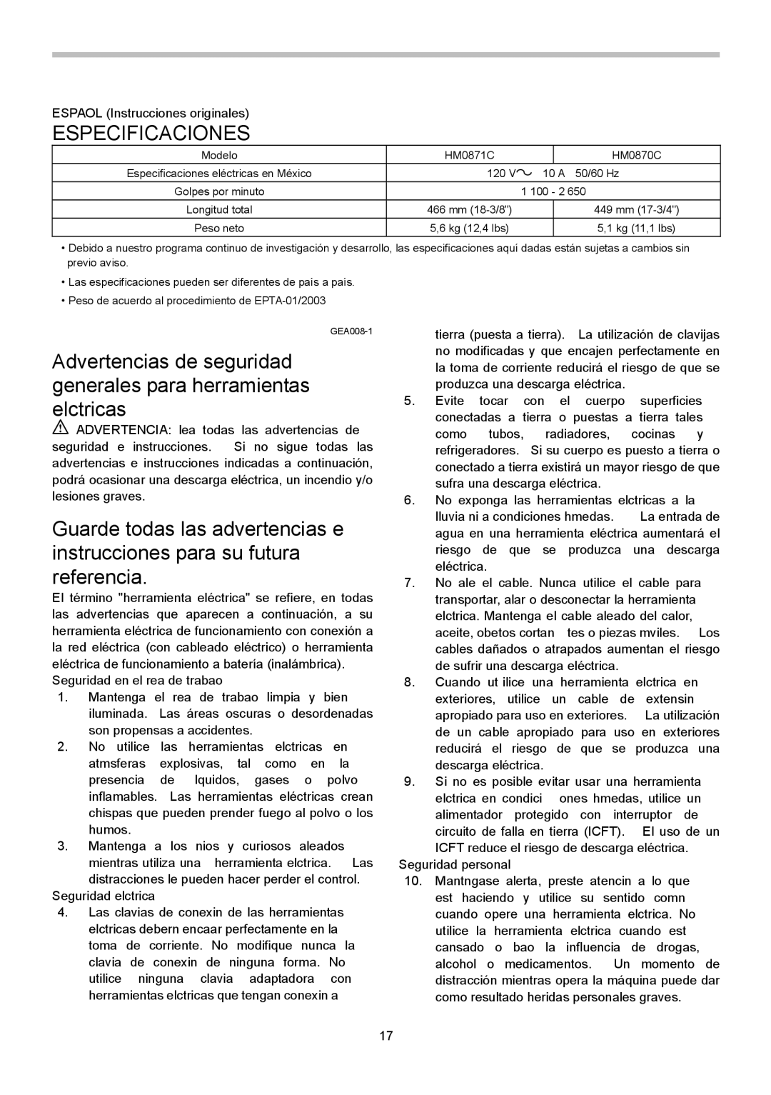 Makita HM0870C, HM0871C instruction manual Especificaciones, Español Instrucciones originales, Seguridad eléctrica 