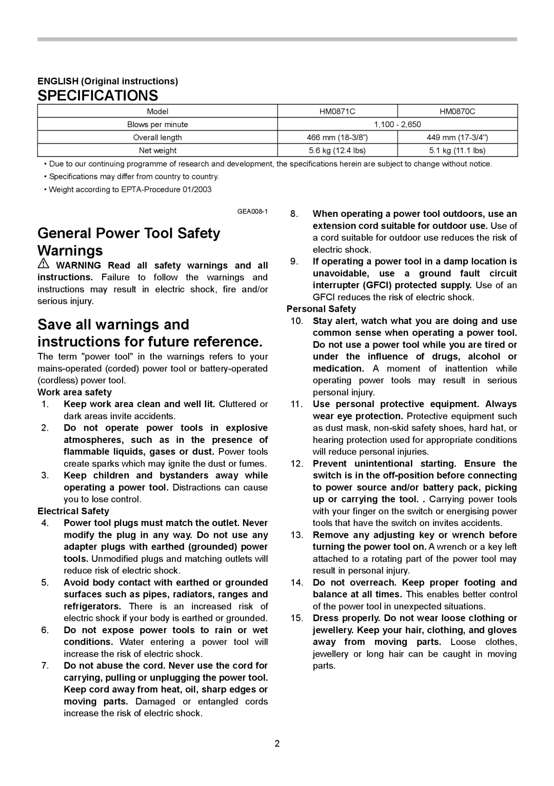 Makita HM0871C, HM0870C instruction manual Specifications, English Original instructions 