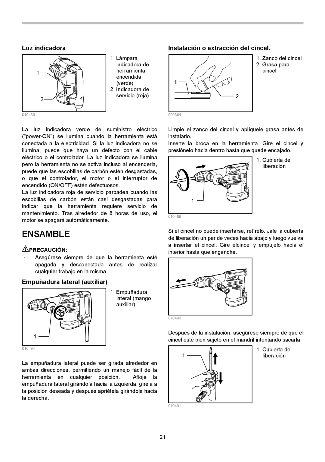 Makita HM0870C, HM0871C Ensamble, Luz indicadora Instalación o extracción del cincel, Empuñadura lateral auxiliar 