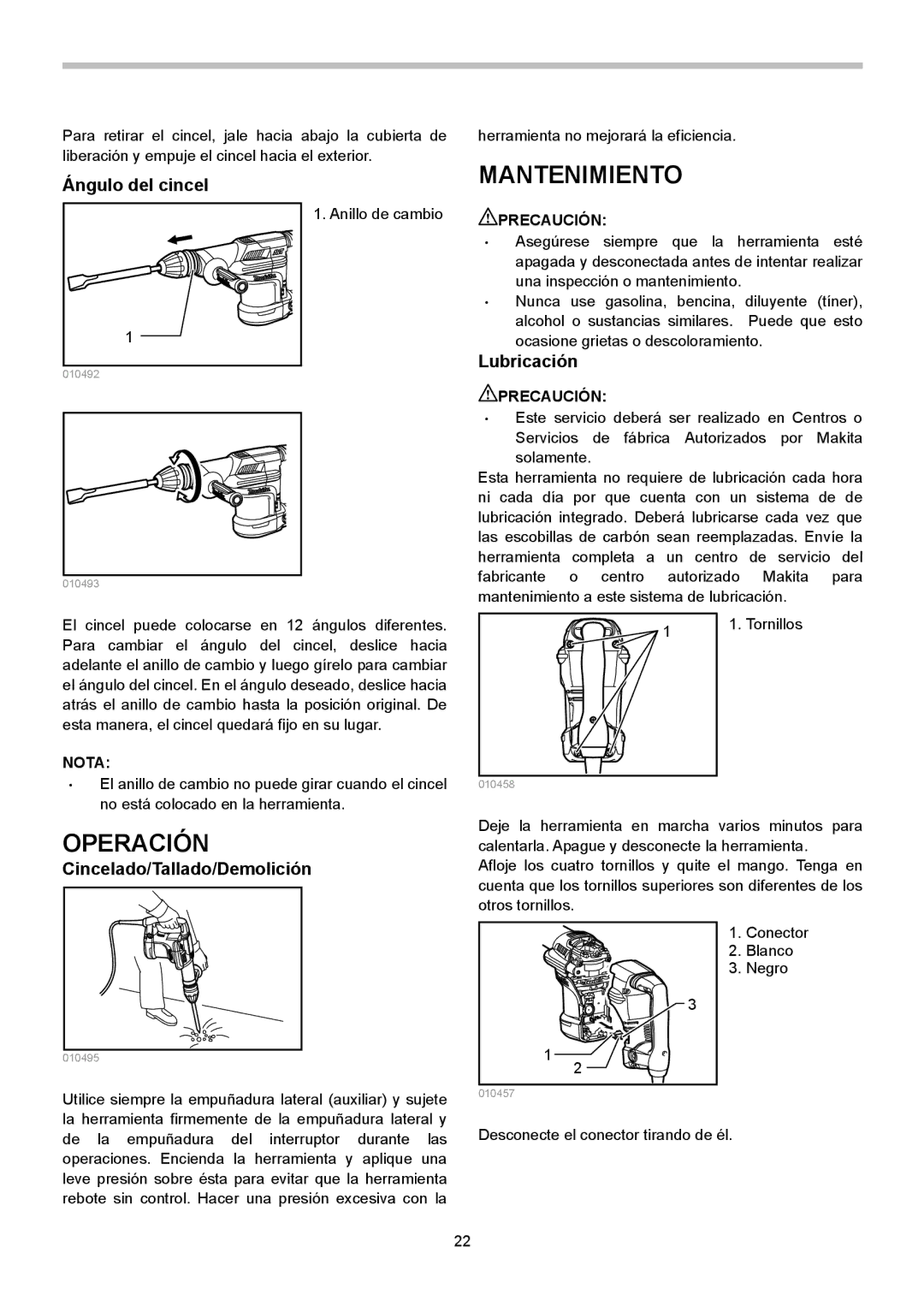 Makita HM0871C, HM0870C Mantenimiento, Operación, Ángulo del cincel, Lubricación, Cincelado/Tallado/Demolición 