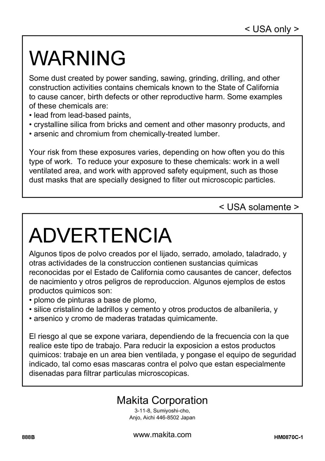 Makita HM0871C, HM0870C instruction manual Advertencia 