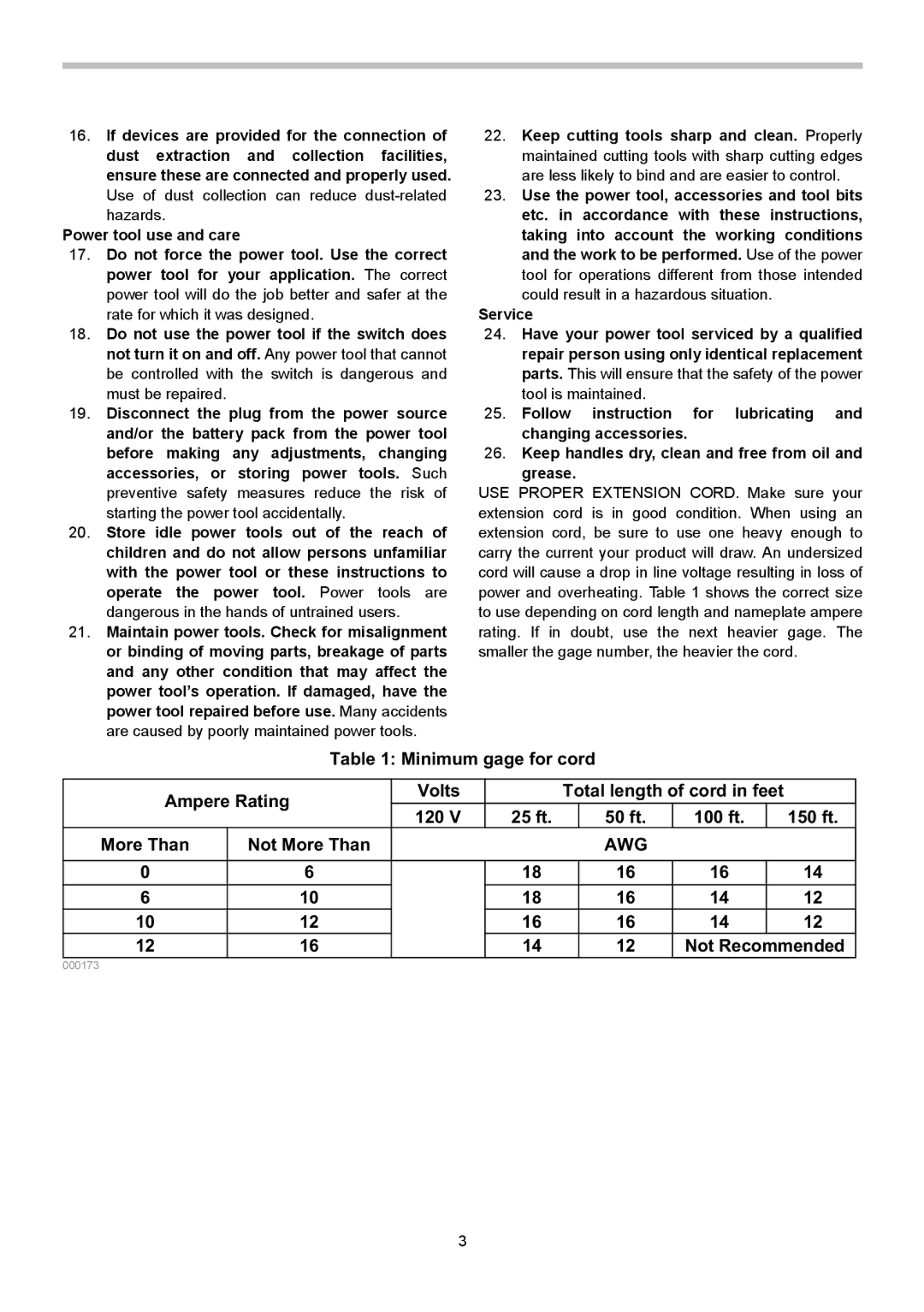 Makita HM0870C, HM0871C Minimum gage for cord Ampere Rating Volts, 120 25 ft 50 ft 100 ft 150 ft More Than Not More Than 