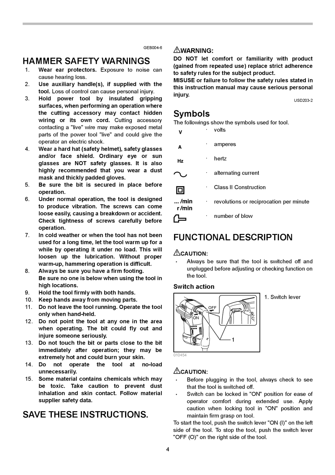 Makita HM0871C, HM0870C instruction manual Hammer Safety Warnings, Functional Description, Switch action 