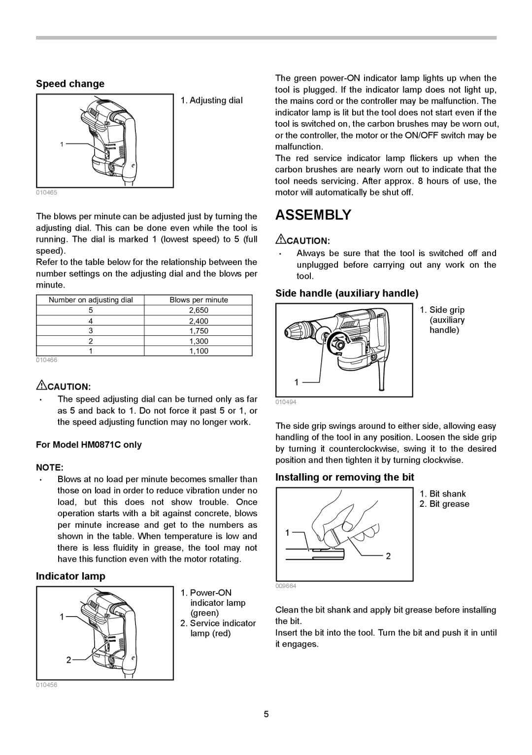 Makita HM0870C Assembly, Speed change, Side handle auxiliary handle, Installing or removing the bit, Indicator lamp 